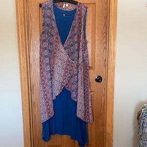 Bohemian wrap over a blue rayon tank dress